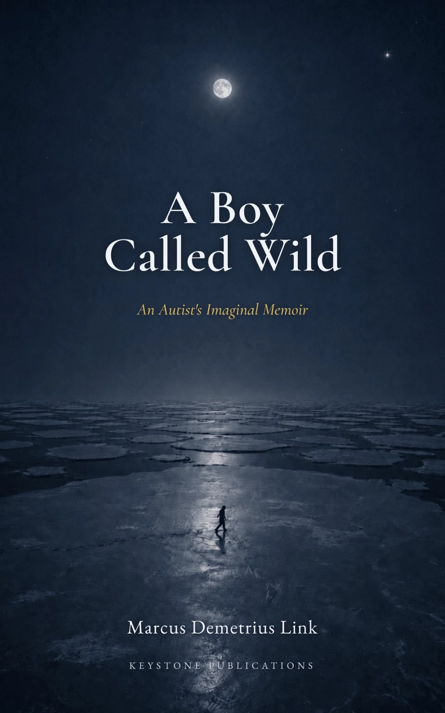 Cover of A Boy Called Wild: a lone figure walking a moonlit expanse of cracked ice under a full moon