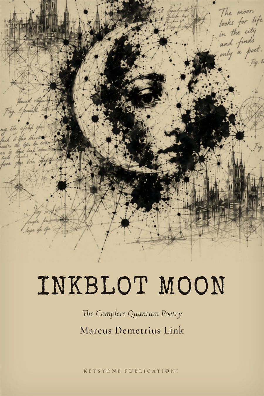 Cover of Inkblot Moon: The Complete Quantum Poetry, an inkblot crescent moon and face on cream