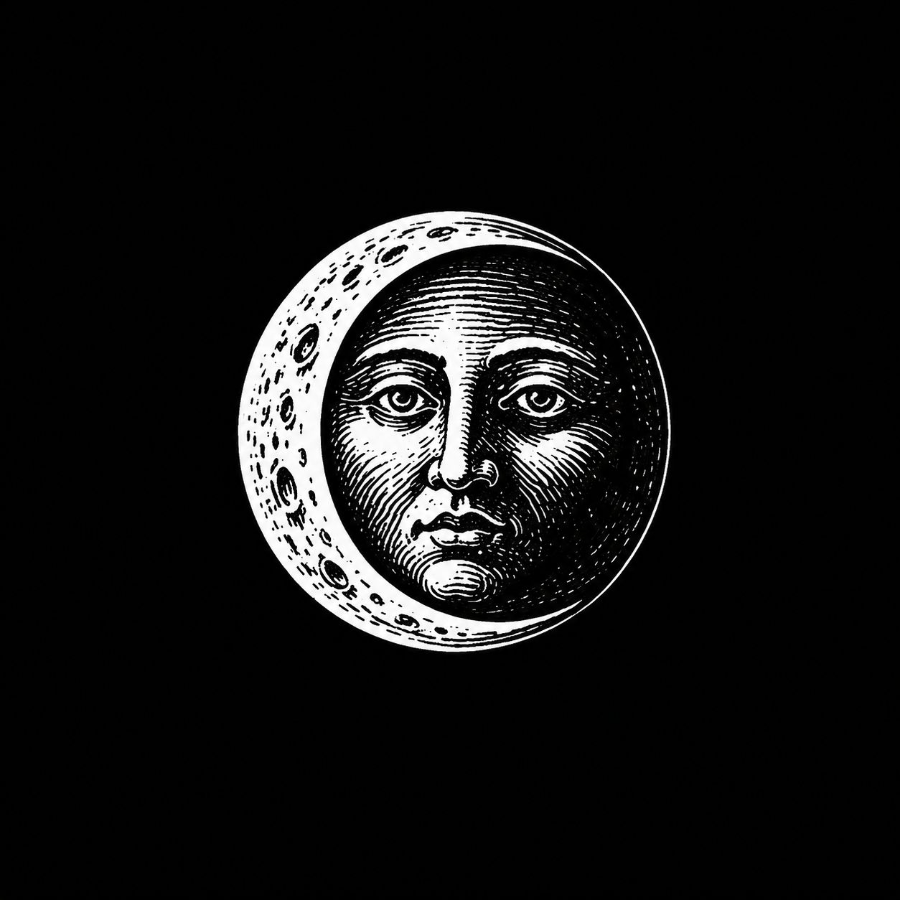 A wood engraving of the moon with a human face