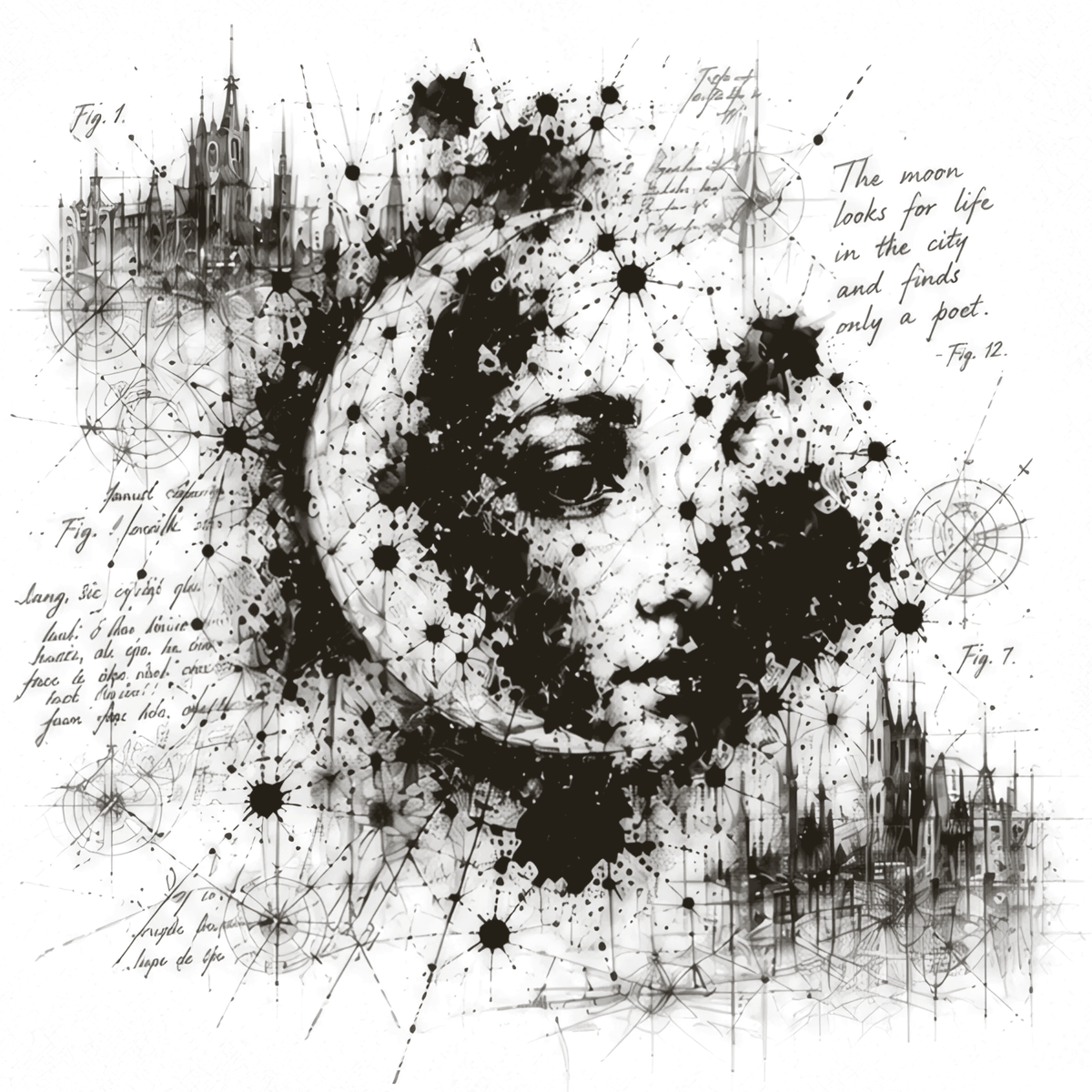 An ink-splatter drawing of the moon as a face over a city skyline, captioned: the moon looks for life in the city and finds only a poet