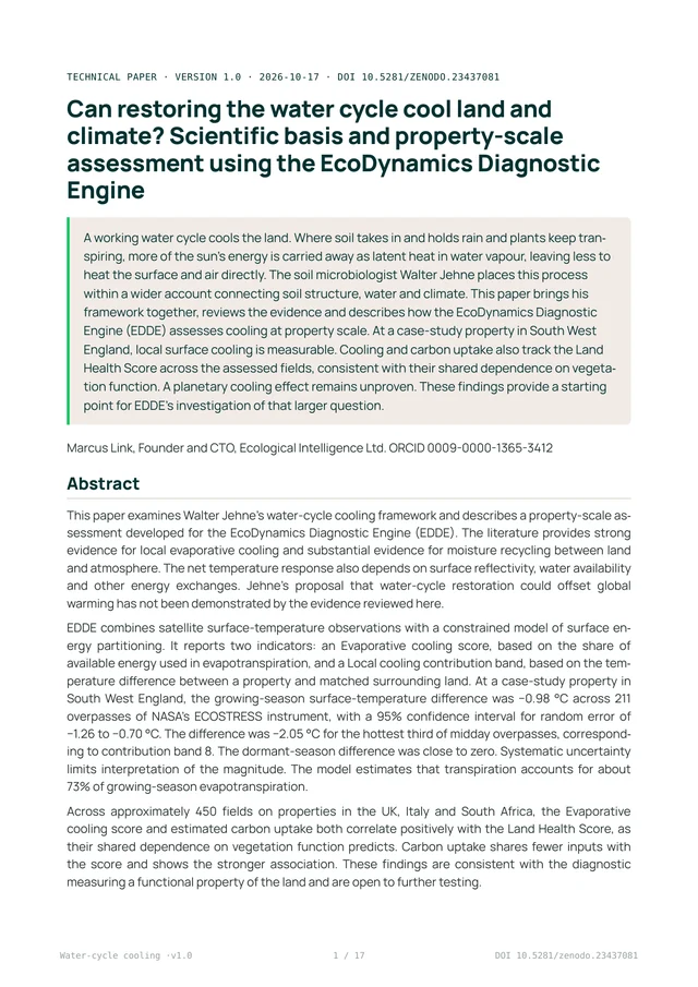 First page of Can restoring the water cycle cool land and climate? Scientific basis and property-scale assessment using the EcoDynamics Diagnostic Engine